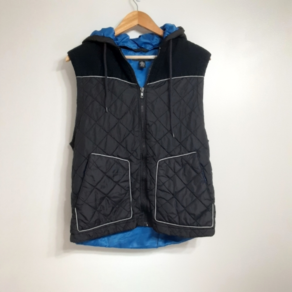 INC Black Quilted Vest Jacket with Blue Lining and Removable Hood Women Medium